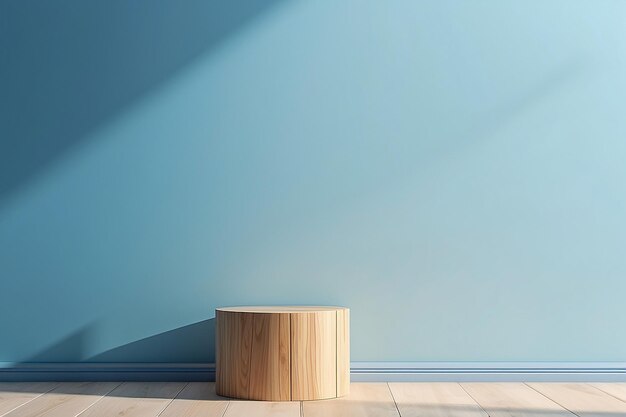 Wooden pedestal of free space for your decoration and blue background with shadows