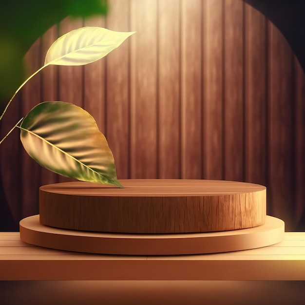 Wooden pedestal for product presentation with leaves on brown wooden background 3d illustration