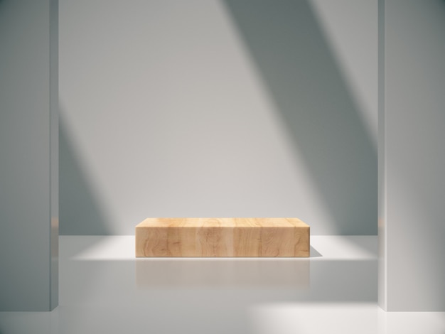 Wooden pedestal for product showing in white room