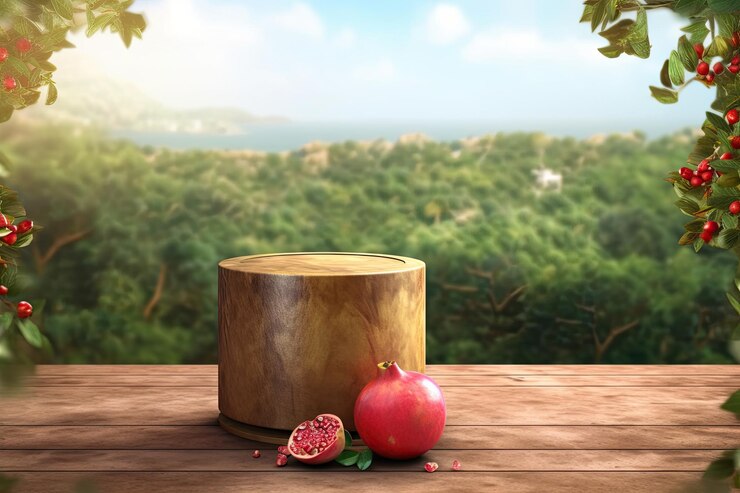 Photo wooden pedestal surrounded by luscious pomegranates in a serene backdrop