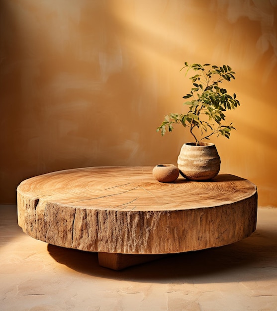 ベージュ色の背景に置かれた木製のピデスタル 製品写真 ミニマリストの背景