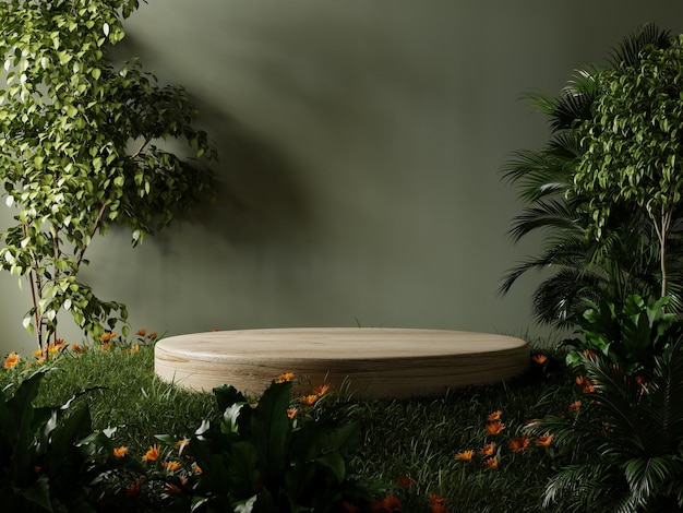 Wooden pedestal in tropical forest for product presentation and dark green wall