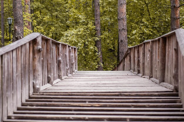 Wooden pedestrian bridge across the river in the park or in forest