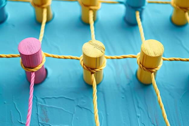 A wooden peg connected with string communication technology network concept