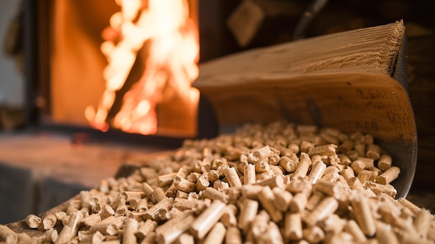 Foto pellets di legno accanto a un camino