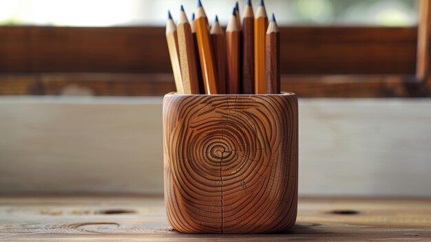 Photo a wooden pencil holder with the grain of the wood adding an extra layer of interest and texture to