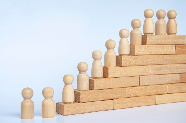 Wooden people figure on top of wooden blocks goal achievement\
business growth and career progression copy space