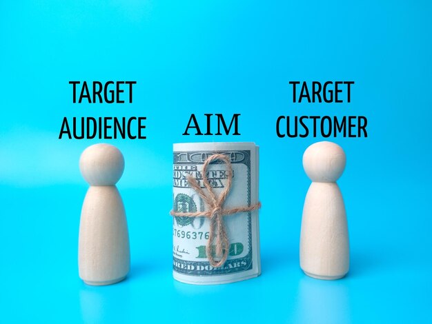 Wooden people figures and banknotes with text target audience\
and target customer on blue background