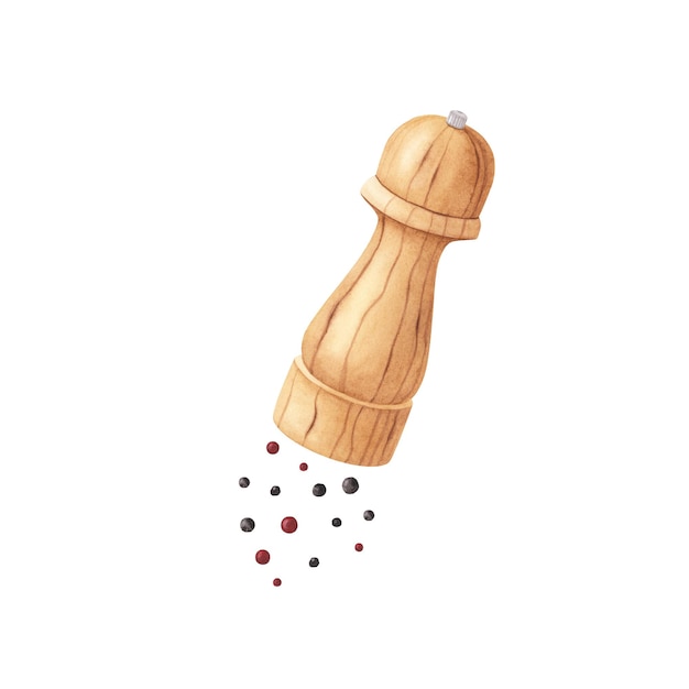 Wooden pepper mill isolated on white background Watercolor hand drawn illustration Art for design