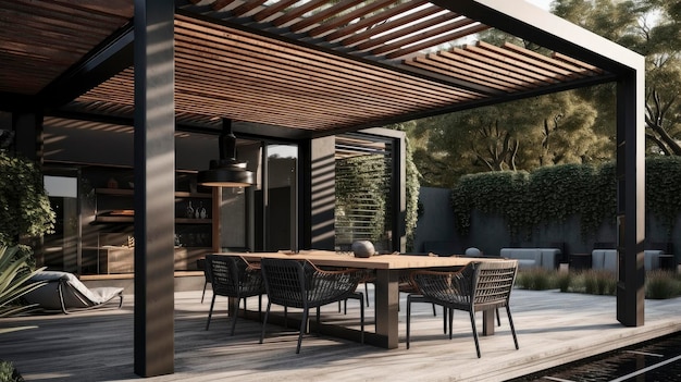 A wooden pergola with a wooden table and chairs in front of a house.