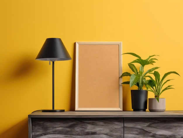 Деревянная фоторамка, макет желтой стены, установленная на вазе лампы интерьера деревянного шкафа