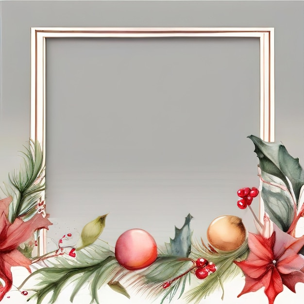 Wooden photo frame with poinsettia holly and Christmas balls a traditional Christmas decoration