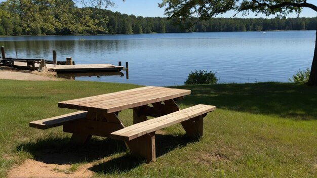 Photo wooden picnic table by a calm lake on a sunny day