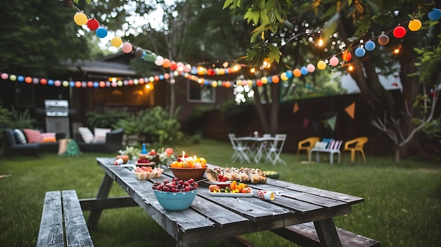 A wooden picnic table is set up in a backyard for a party The table is decorated with a runner a candle and a bowl of fruit
