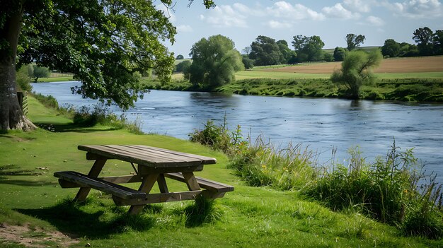 Photo a wooden picnic table sits on a grassy bank overlooking a river