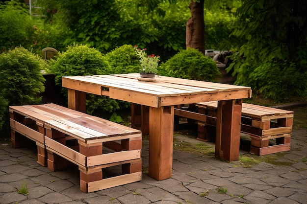 A wooden picnic table with a bench and benches in the background