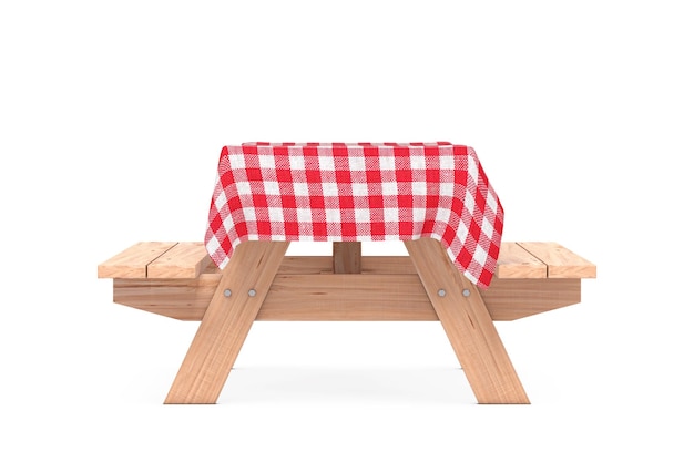 Photo wooden picnic table with benches and red plaid tablecloth 3d rendering