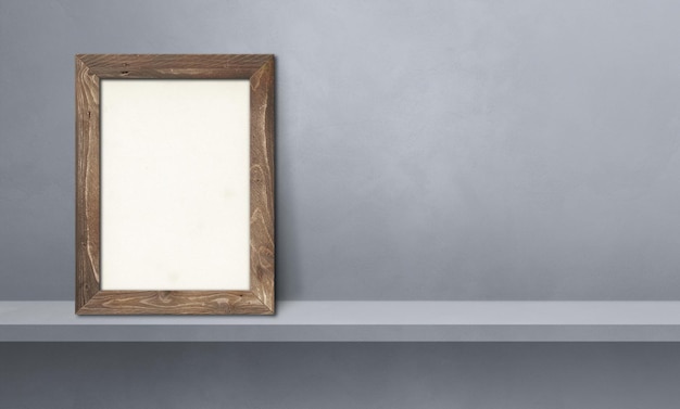 Wooden picture frame leaning on a grey shelf. 3d illustration. Blank mockup template. Horizontal banner