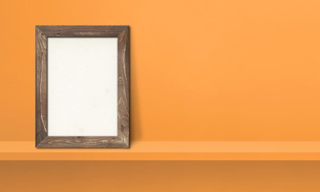 Wooden picture frame leaning on orange shelf. 3d illustration. Blank mockup template. Horizontal banner