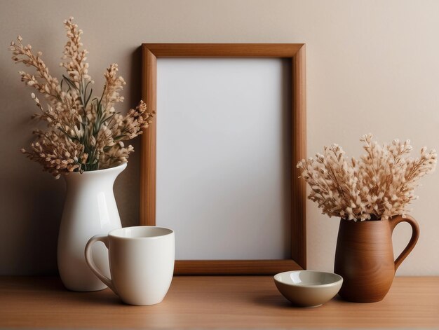 wooden picture frame mockup hanging on beige wall background Bohoshaped vase dry flowers on table