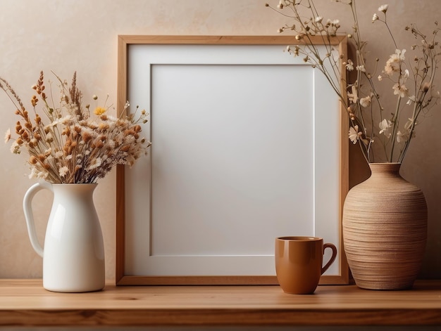 wooden picture frame mockup hanging on beige wall background Bohoshaped vase dry flowers on table