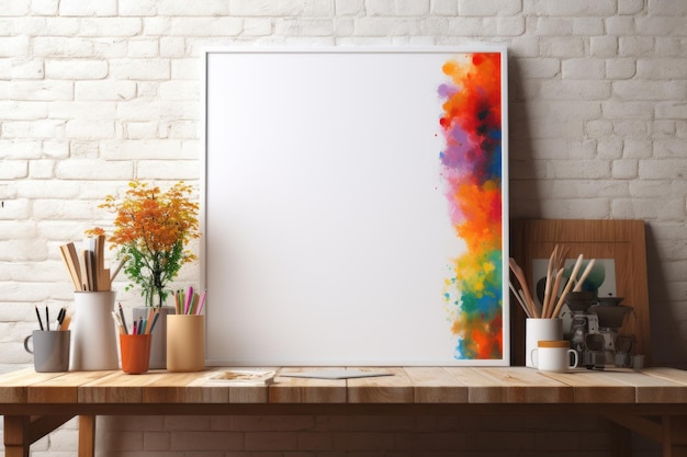 Photo wooden picture frame mockup in modern interior vertical template mock up for artwork painting photo or poster in interior design generative ai