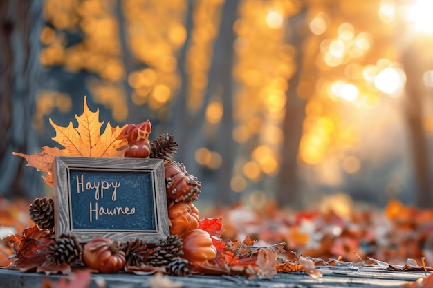 Photo a wooden picture frame showcasing a vibrant autumn message against a backdrop of falling leaves scenic autumn backdrop with a sign saying happy thanksgiving ai generated