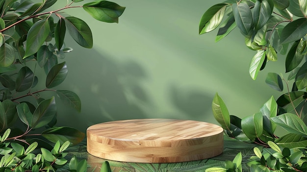a wooden piece of wood with a green background with leaves and a round wooden circle with the words  in the middle