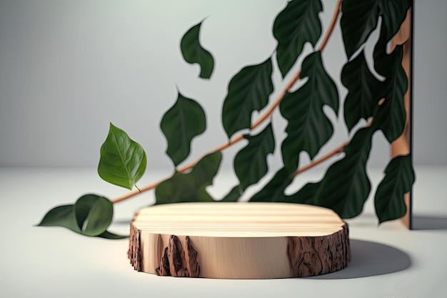 A wooden piece of wood with a plant behind it