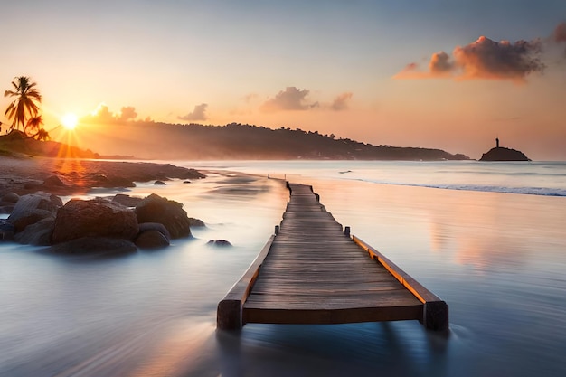 A wooden pier on the beach at sunset