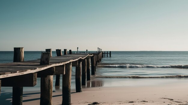 A wooden pier on the beach with a blue sky in the background