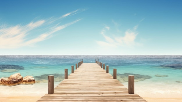 A wooden pier on a beach with a blue sky and the words " beach " on it.
