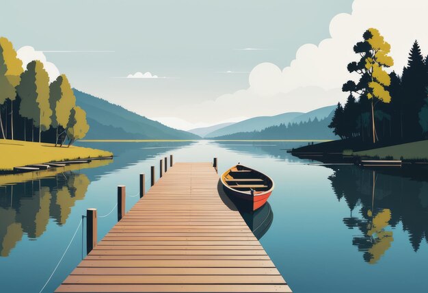 Wooden pier and boat on river natural landscape