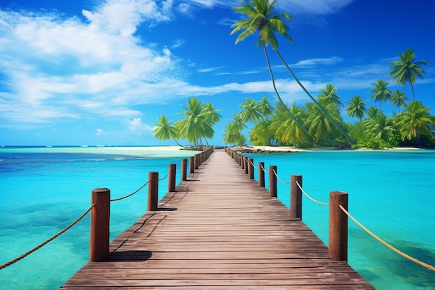 Wooden pier or bridge with tropical beach and sea in paradise island