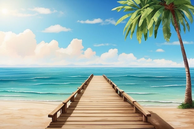 Wooden pier or bridge with tropical beach