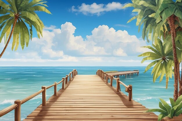 Wooden pier or bridge with tropical beach