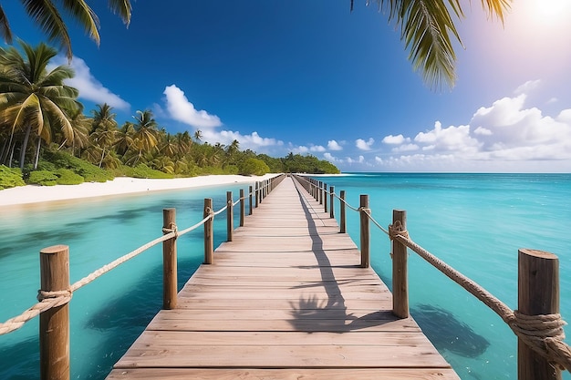 熱帯のビーチを持つ木製の埠頭または橋