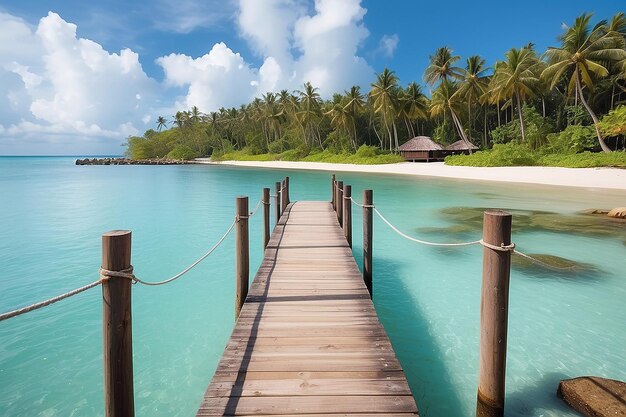 Деревянный пирс или мост с тропическим пляжем