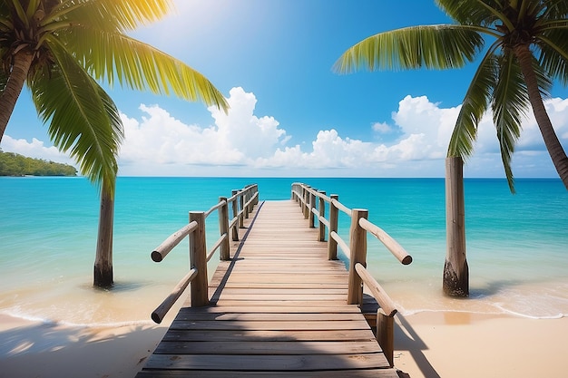 Wooden pier or bridge with tropical beach