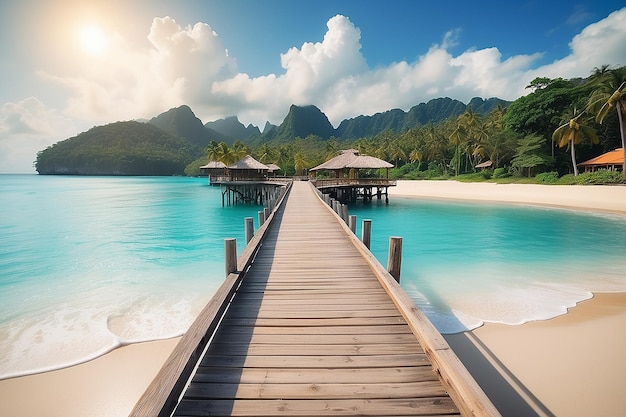 Wooden pier or bridge with tropical beach