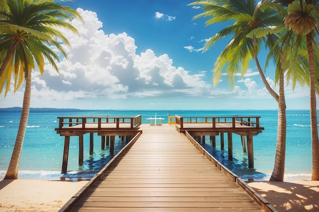 Foto molo o ponte di legno con spiaggia tropicale