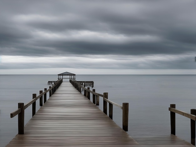 A wooden pier in a day full of clouds