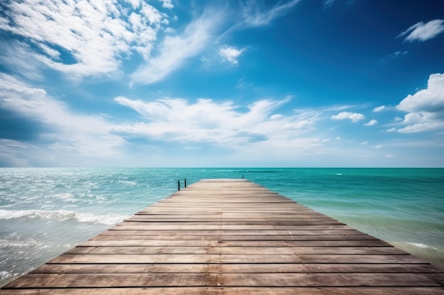 A wooden pier extending into the ocean under a cloudy blue sky generative AI