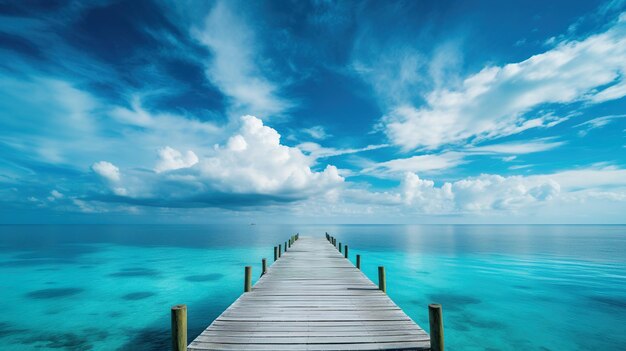 Wooden pier extending into the ocean with a sunset on the horizon