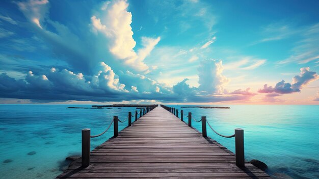 Wooden pier extending into the ocean with a sunset on the horizon