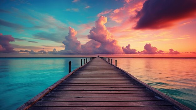 Wooden pier extending into the ocean with a sunset on the horizon