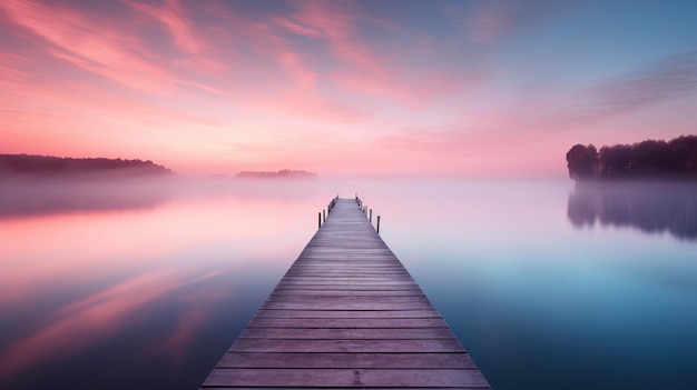 Foto un molo di legno che si estende in un sereno lago nebbioso sotto un cielo colorato all'alba