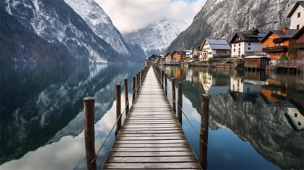 Wooden pier at Hallstatt lake in Austria Europe