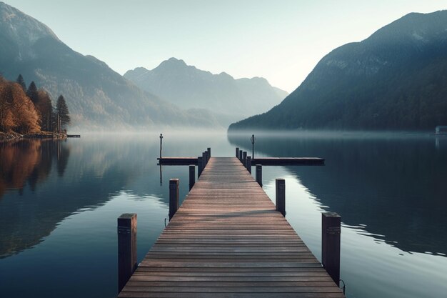 朝の背景に山がある湖の木製の埠頭