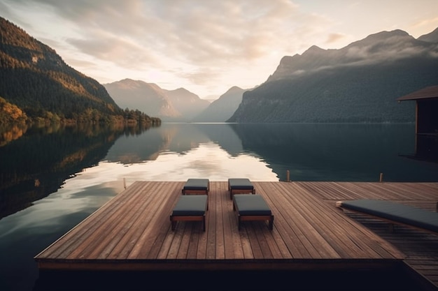 朝の背景に山がある湖の木製の埠頭